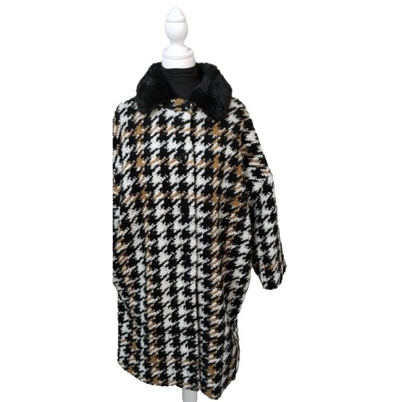 Large Nikki Jones Womans Coat Button Wool Blend Herringbone Faux Fur Collar‎ - Picture 1 of 15